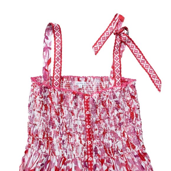 Poupette St. Barth Triny Tiered Dress Womens M Red & White Floral Smocked Resort - Picture 2 of 6
